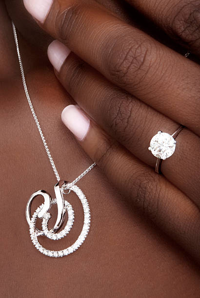 Diamonds pendant and ring on black skin, designer jewellery